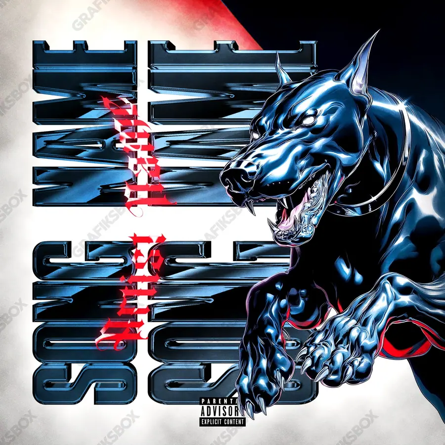 Premade album cover “Chrome Beast” — chrome, glass and mirrored reflections in a blue palette