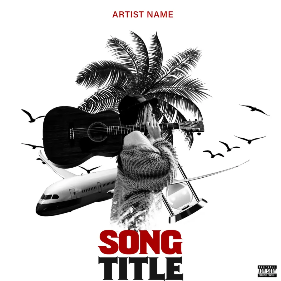 Premade cover art “Black Guitar”: guitar and palm, black and white tones