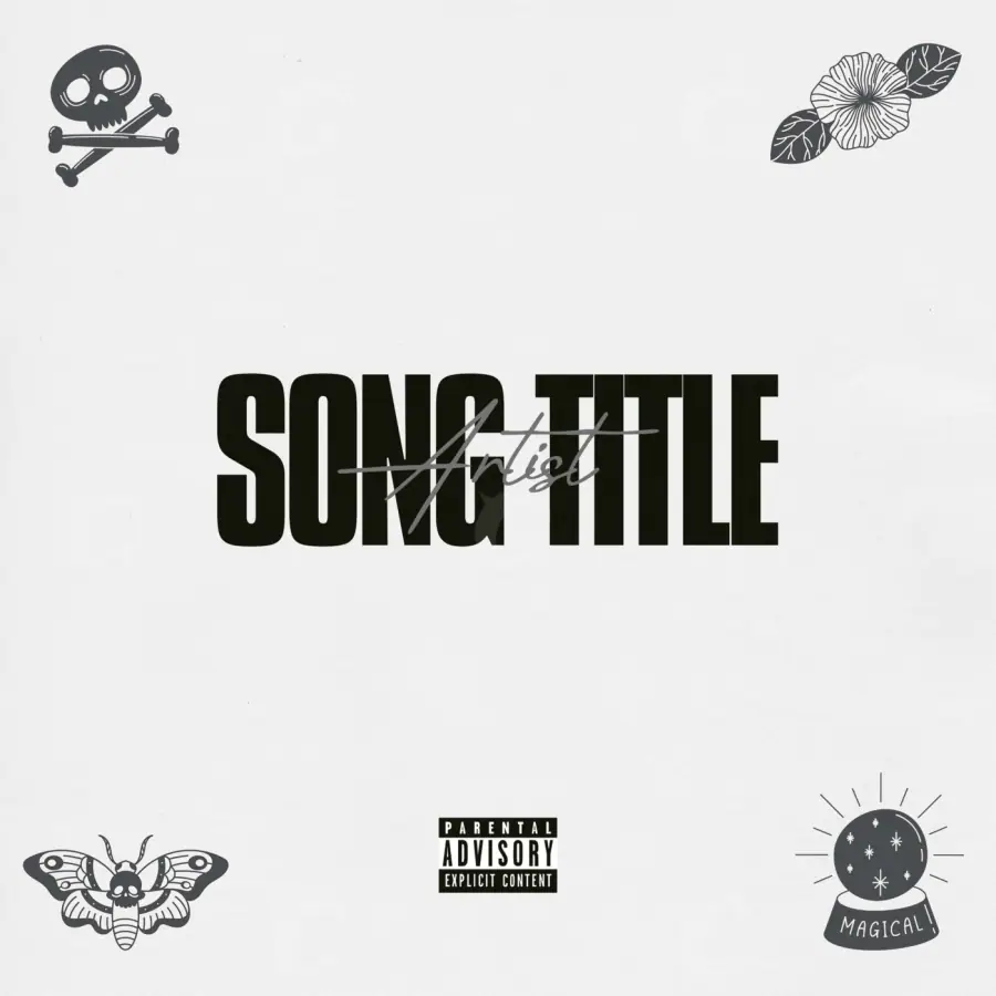 Arte de portada musical «Black Skull»: calavera y mariposa; color blanco y negro