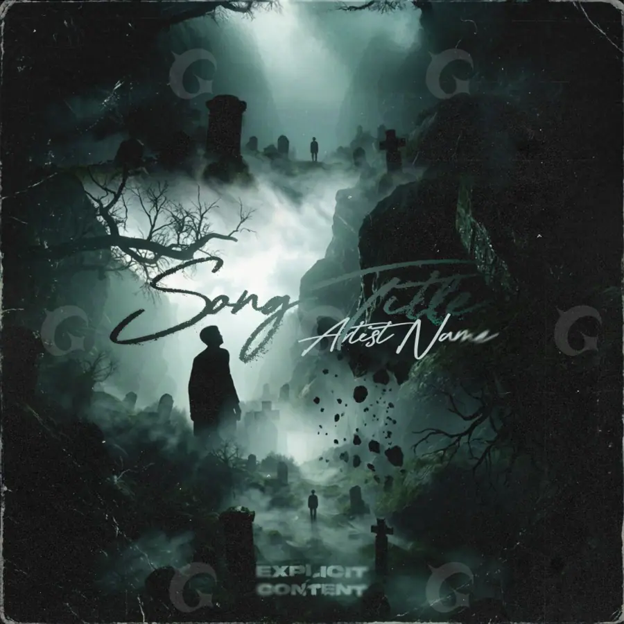 Arte de portada musical «Black Tree»: árbol y montaña; color blanco y negro