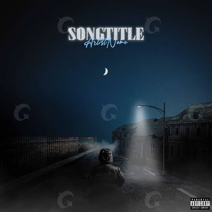 Arte de portada musical «Blue Building»: edificio y calle; color azul