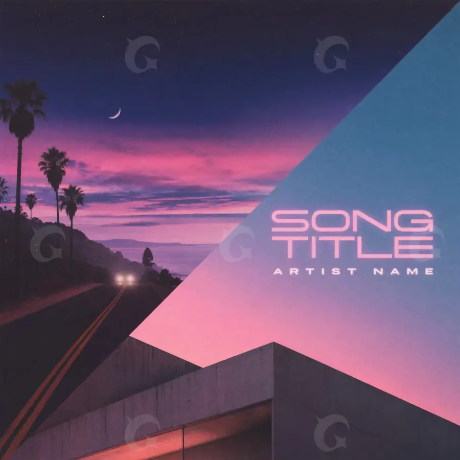 Arte de portada musical «Blue Building»: edificio y palmera; color azul