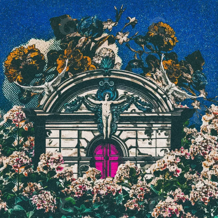 Music cover artwork “Blue Building”: building and flower, blue tones