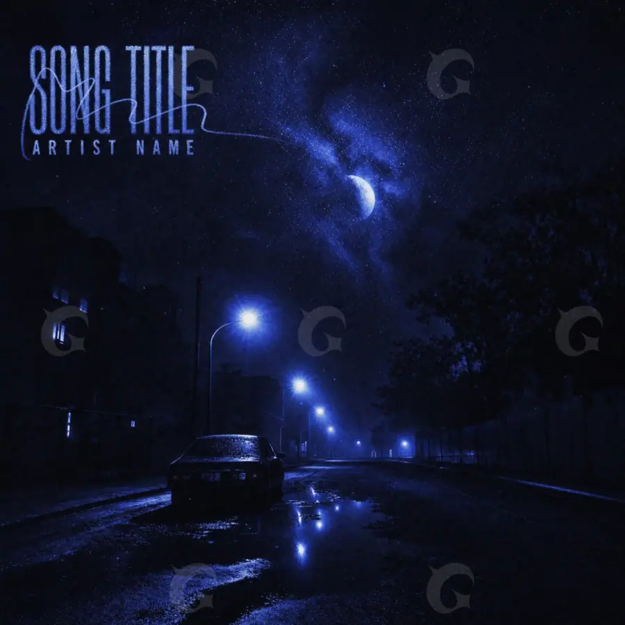 Arte de portada musical «Blue Car»: coche y calle; color azul