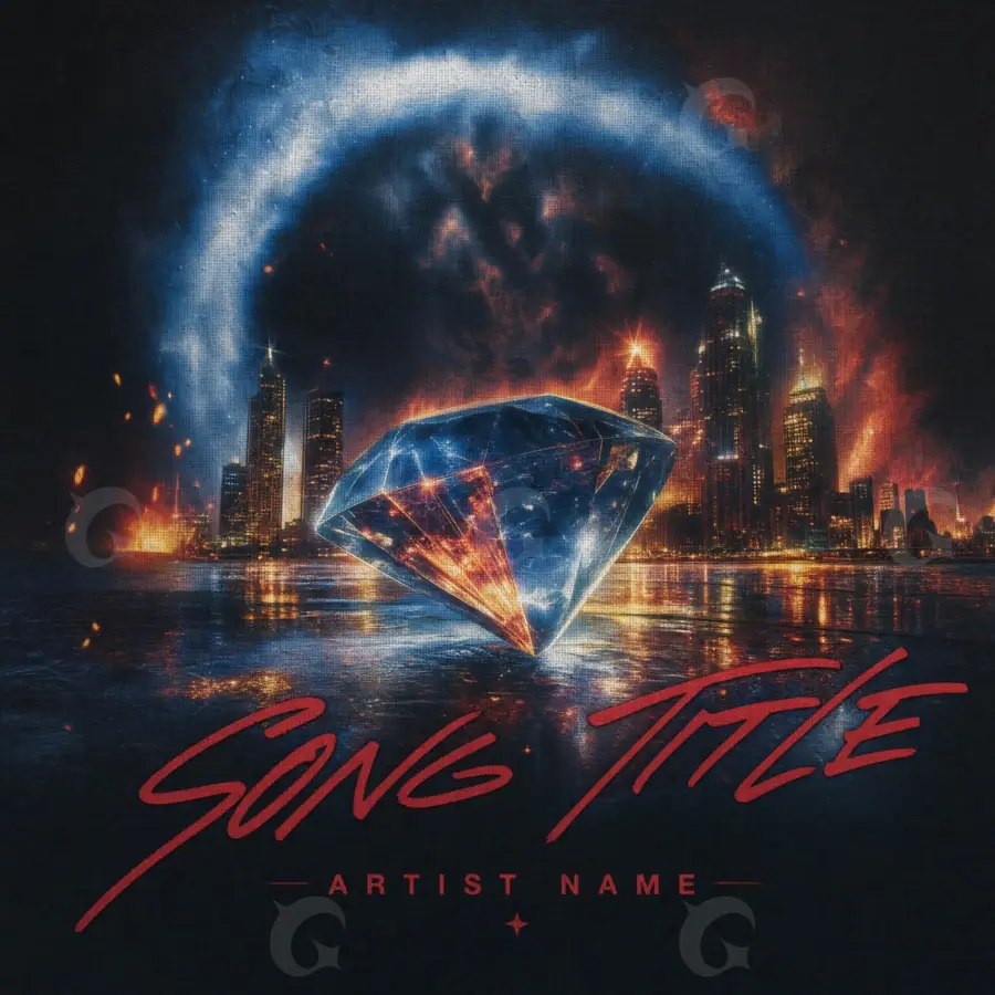 Arte de portada musical «Blue City»: ciudad y diamante; color azul