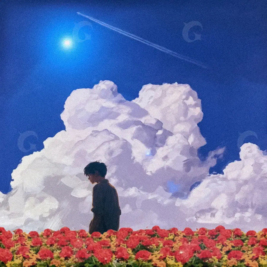 Обложка для песни «Blue Flower»: цветок и облако; палитра — синяя