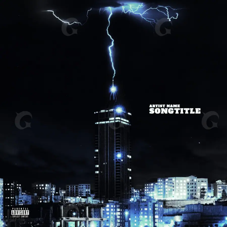 Arte de portada musical «Blue Lightning»: rayo y edificio; color azul