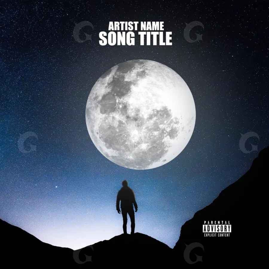 Arte de portada musical «Blue Moon»: luna y montaña; color azul
