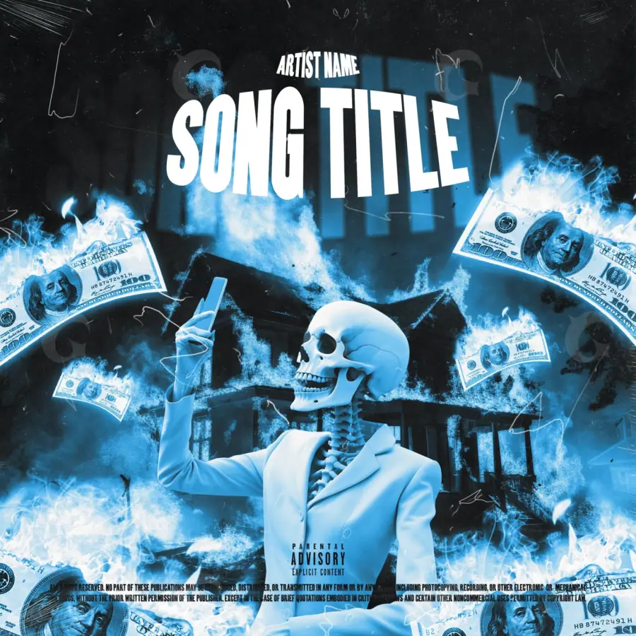 Album cover art “Blue Skeleton”: skeleton and cash, blue tones