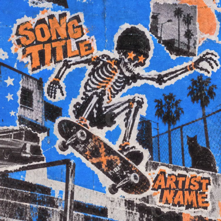 Album cover art “Blue Skeleton”: skeleton and palm, blue tones