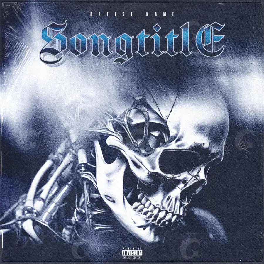 Portada para canción «Blue Skull»: calavera y mano; color azul