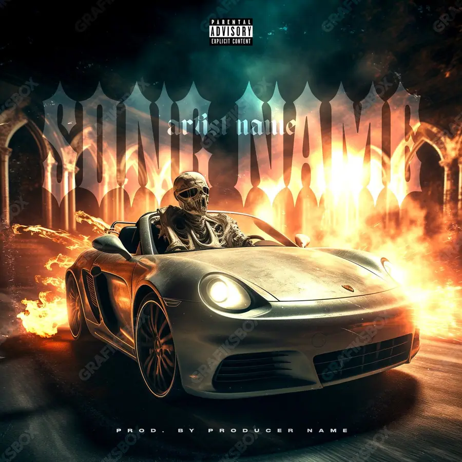 Portada de álbum prediseñada «Death Race» — el capó, el asfalto y las luces de la autopista, en matices anaranjados