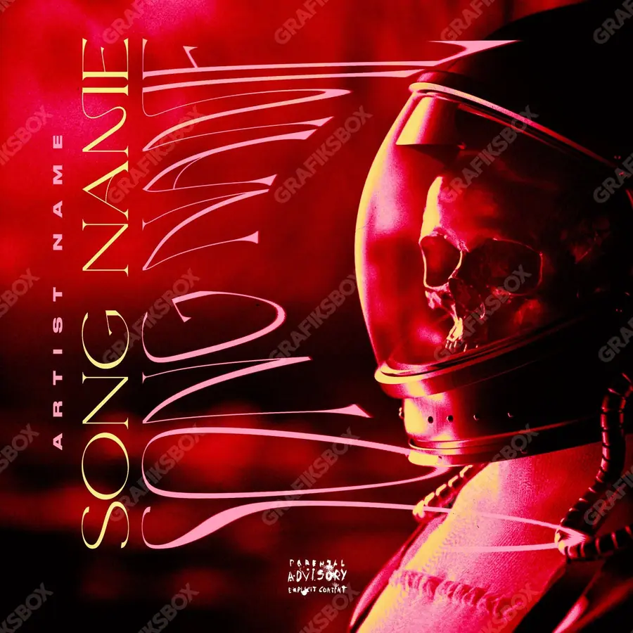 Portada de álbum prediseñada «Astro Heads» — una idea visual original sin equivalente cercano en el catálogo, en una gama roja