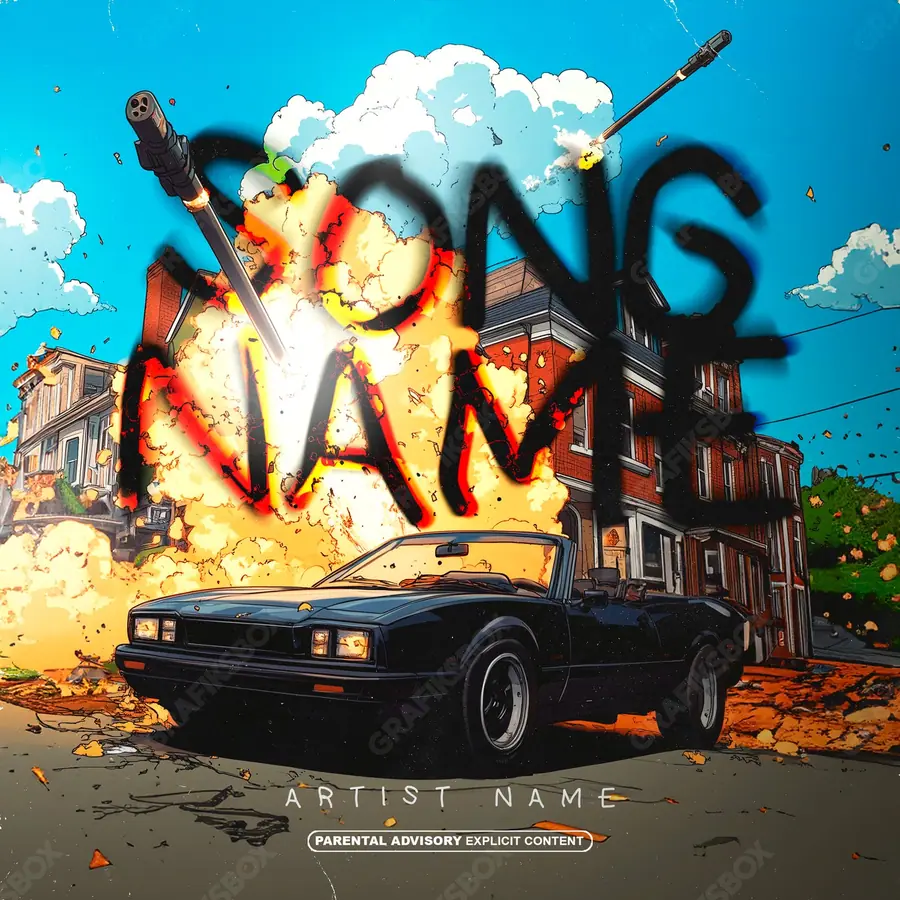 Premade album cover “Hood War” — an original visual idea with no close match in the catalogue in a blue palette