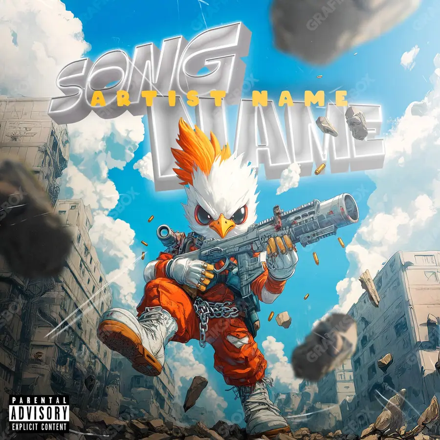 Portada de álbum prediseñada «Chicken Warrior» — una idea visual original sin equivalente cercano en el catálogo, en una gama azul