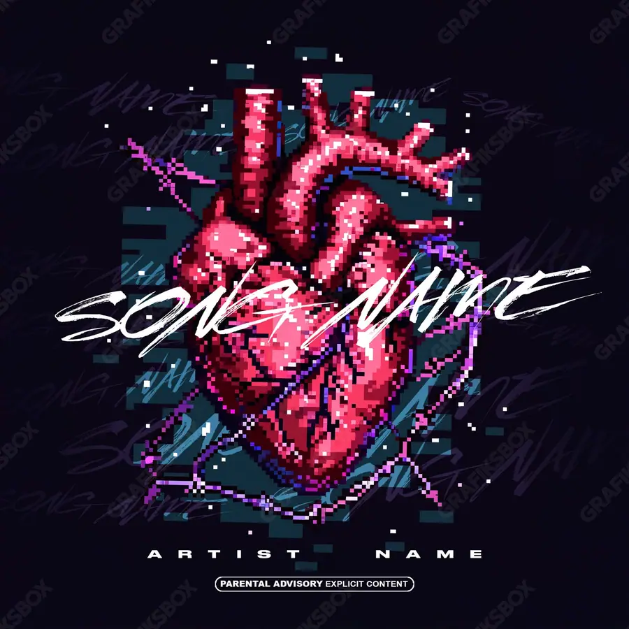 Premade album cover “Pixel Luv” — abstract graphics with no recognisable objects in deep red tones