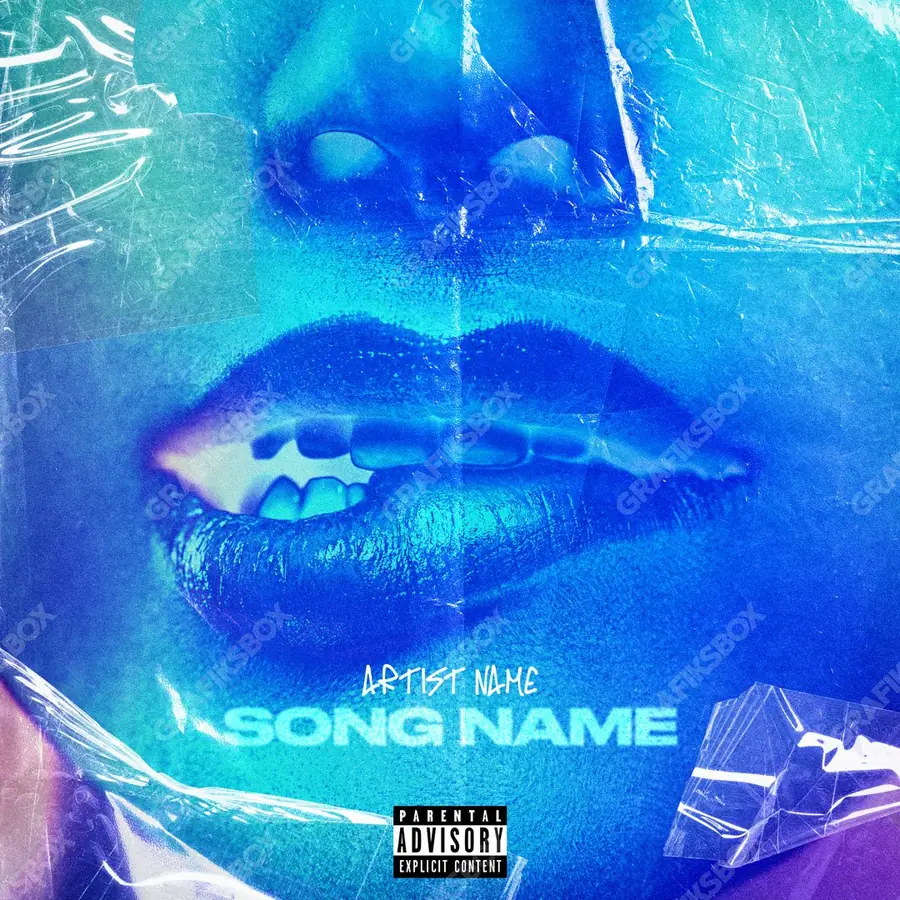 Premade album cover “Your Lips tags” — a woman at the centre of the frame against a muted backdrop in a blue palette