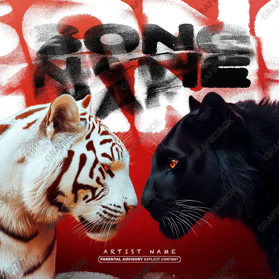 Portada de álbum prediseñada «Feline Attraction» — una idea visual original sin equivalente cercano en el catálogo, en tonos rojos intensos