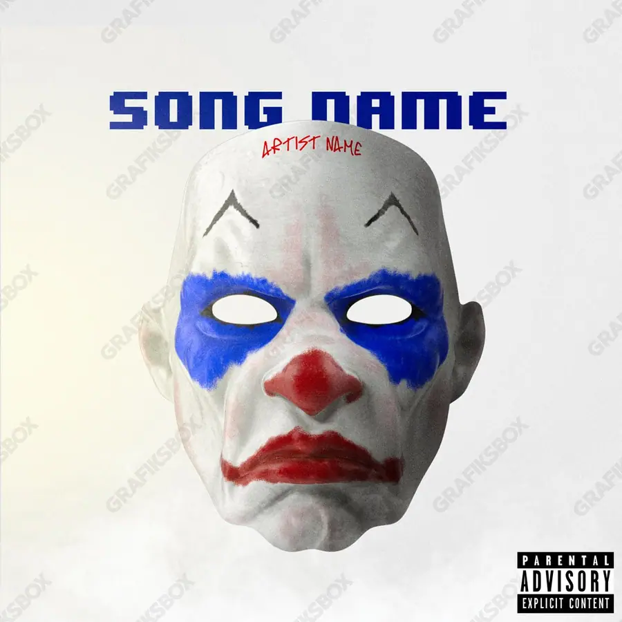 Portada de álbum prediseñada «Bad clown» — una idea visual original sin equivalente cercano en el catálogo, en tonos azules fríos