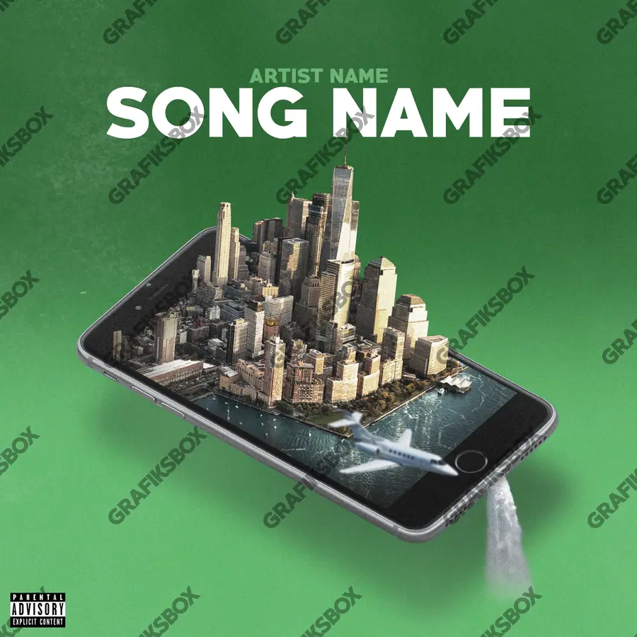 Premade album cover “Phone City” — a city in frame — asphalt, storefronts and reflections in green shades