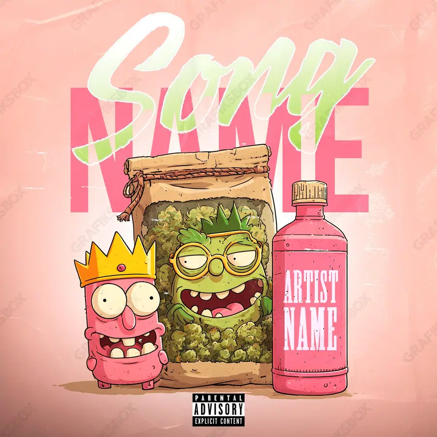 Portada de álbum prediseñada «Bag and Bottle» — un encuadre que no encaja en una sola categoría, en una gama roja