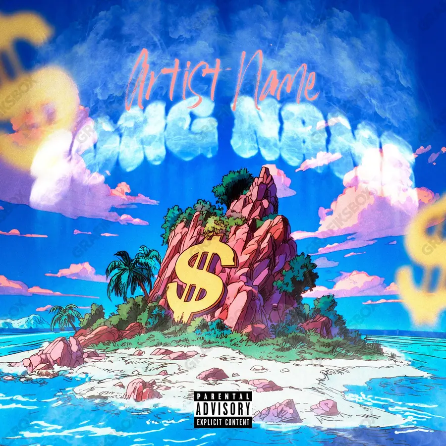 Portada de álbum prediseñada «Currency Island» — una idea visual original sin equivalente cercano en el catálogo, en tonos azules fríos