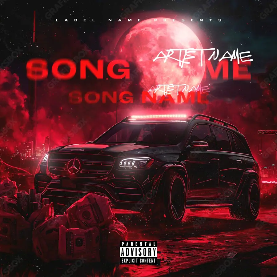 Portada de álbum prediseñada «Red Benz» — una idea visual original sin equivalente cercano en el catálogo, en tonos rojos intensos