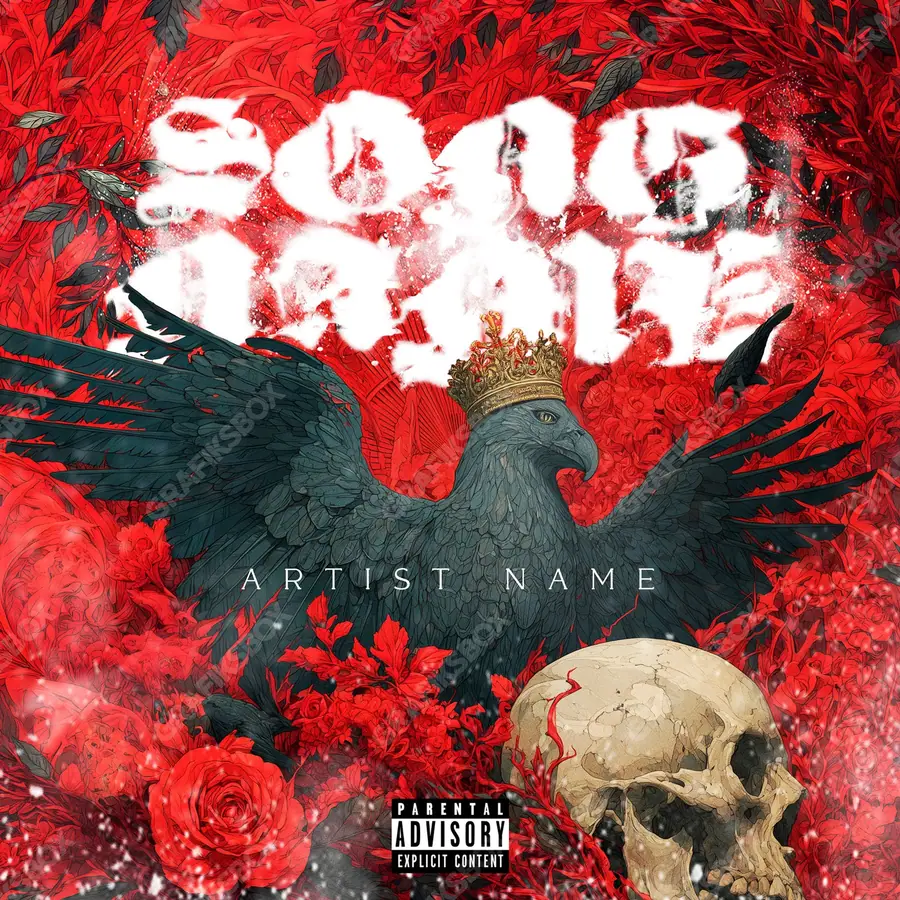Premade album cover “King Eagle” — a male subject and a tight, deliberate composition in deep red tones