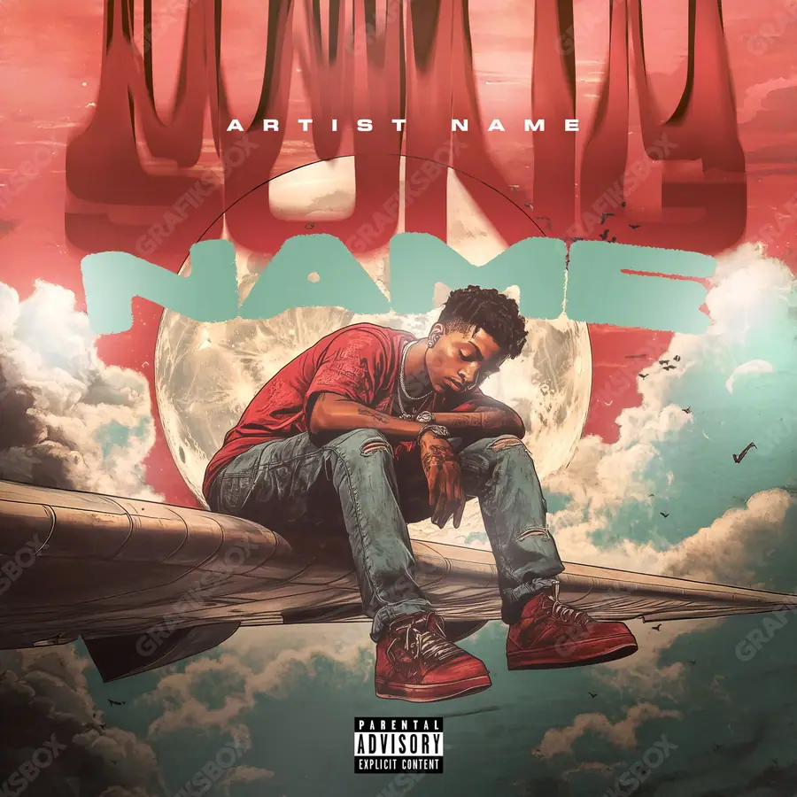 Portada de álbum prediseñada «Fly Plans» — un encuadre que no encaja en una sola categoría, en tonos rojos intensos
