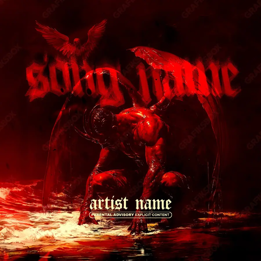Portada de álbum prediseñada «Scourge» — una idea visual original sin equivalente cercano en el catálogo, en tonos rojos intensos
