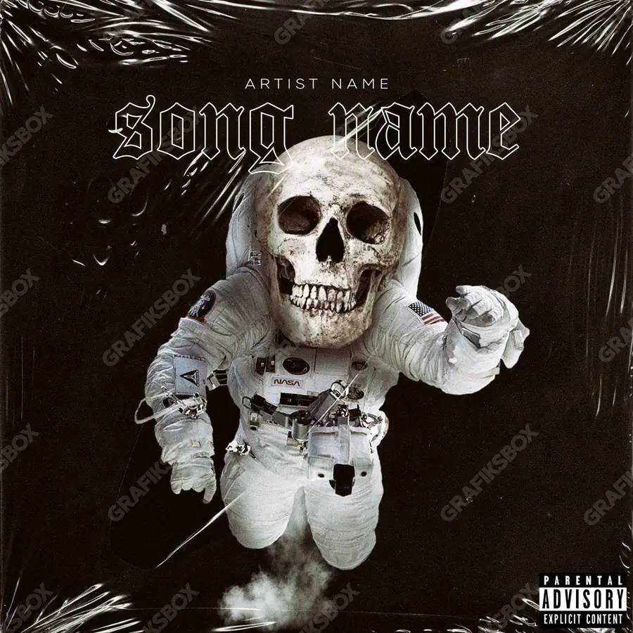 Premade album cover “Astronaut Skull” — space in frame and a sense of scale in a monochrome palette