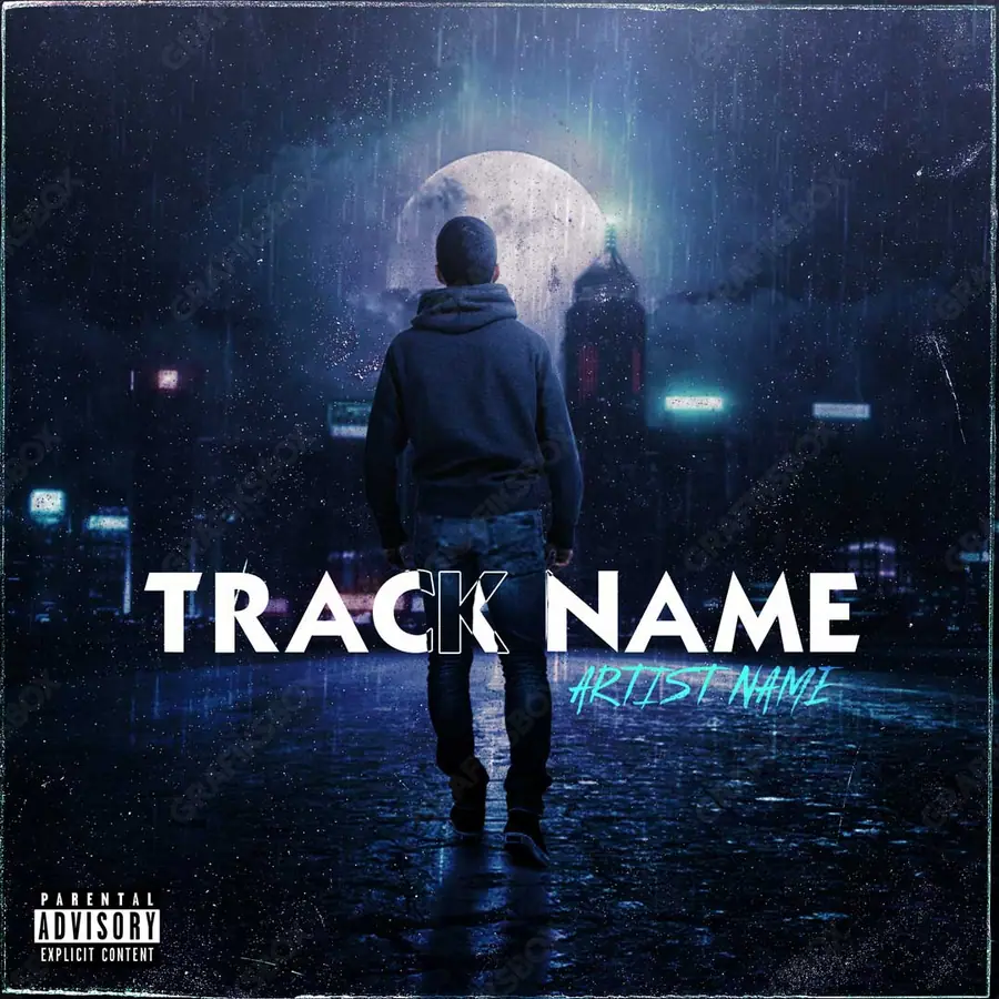 Premade album cover “Lost In City” — an urban frame with dense city texture in cool blue tones