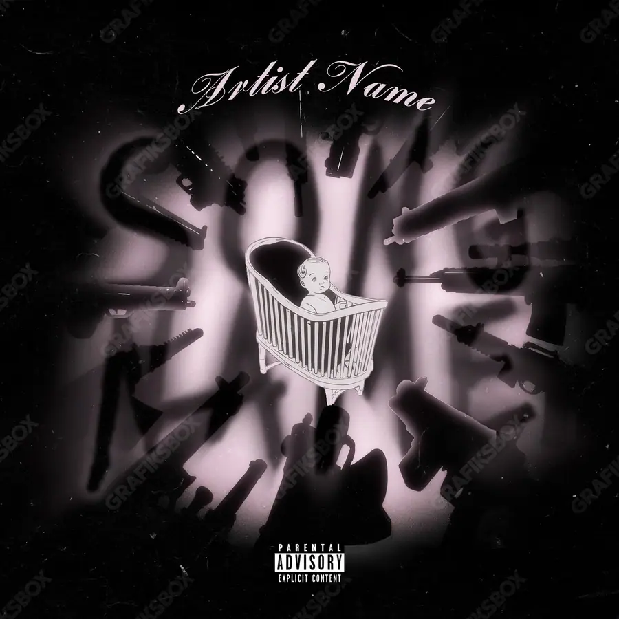 Premade album cover “Threats” — an original visual idea with no close match in the catalogue in a black and white palette