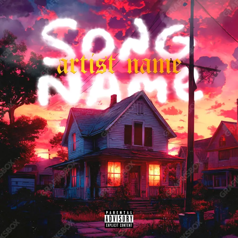 Portada de álbum prediseñada «Bando House» — un encuadre urbano de textura densa, en tonos rojos intensos