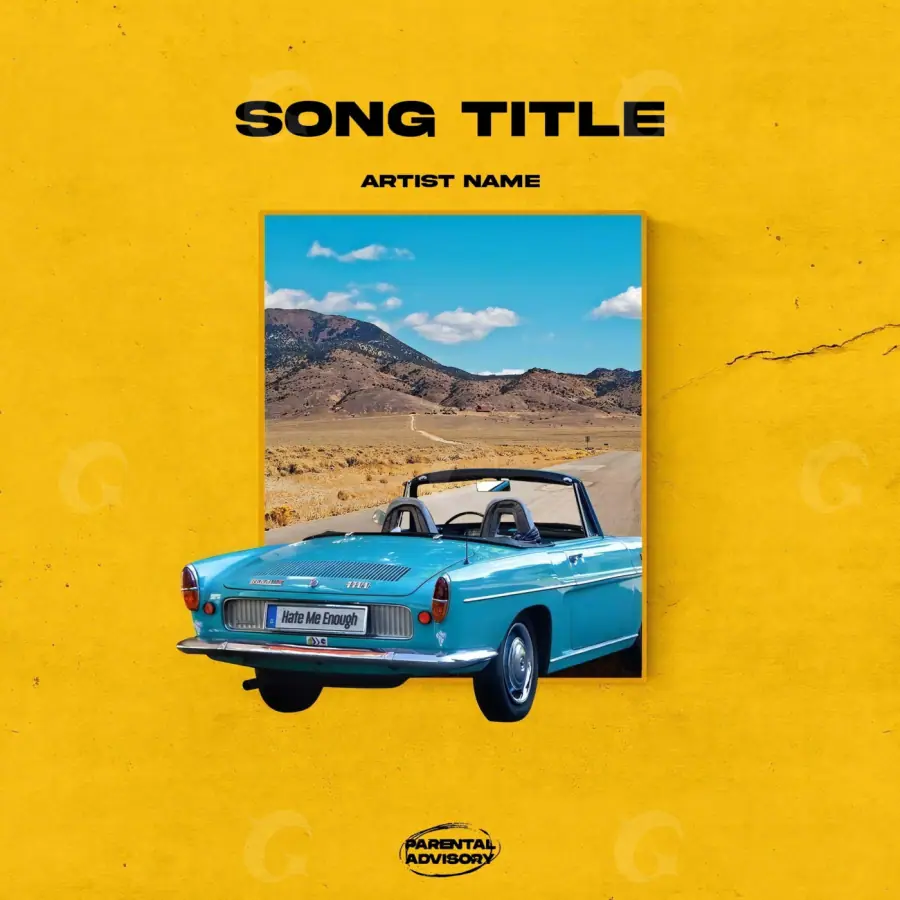 Arte de portada musical «Orange Car»: coche y montaña; color naranja