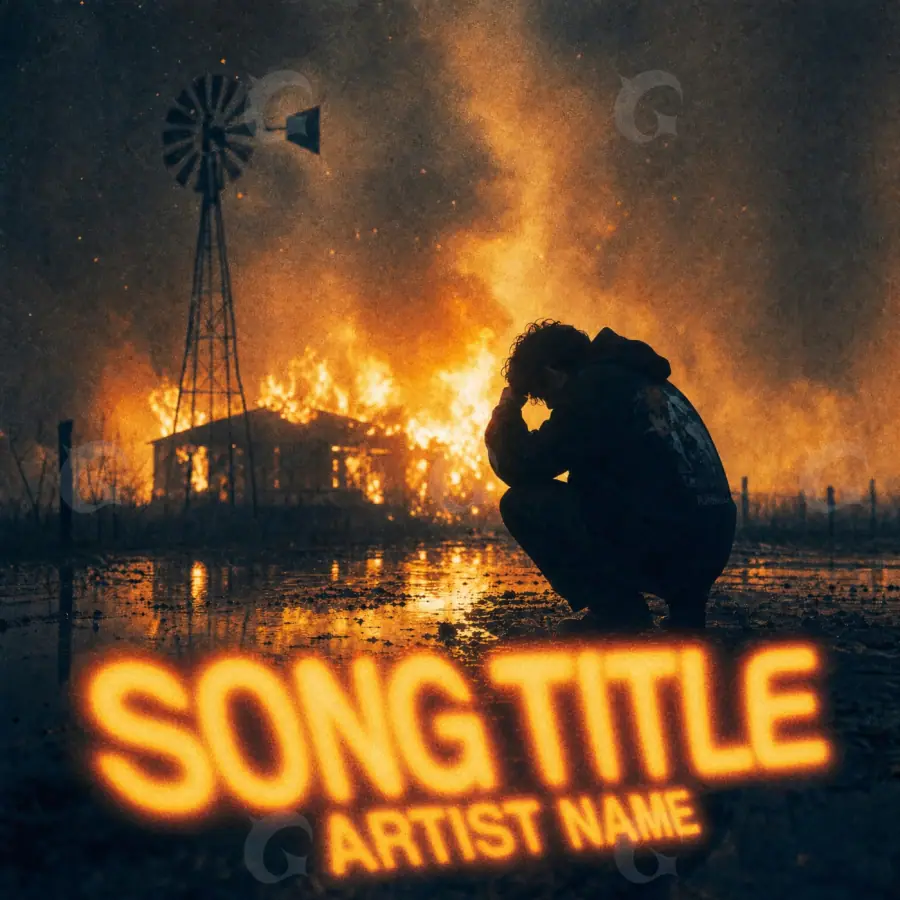 Portada para canción «Orange Fire»: fuego y edificio; color naranja