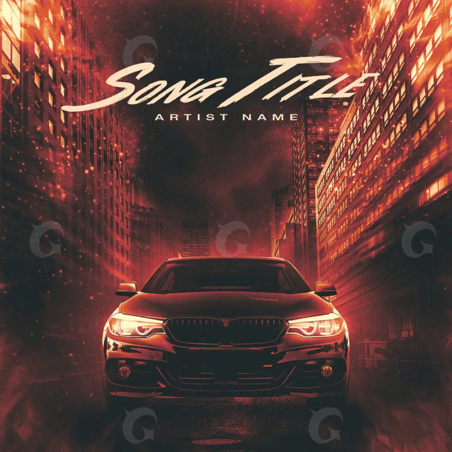 Готовая обложка для трека «Red Car»: автомобиль и здание; палитра — красная
