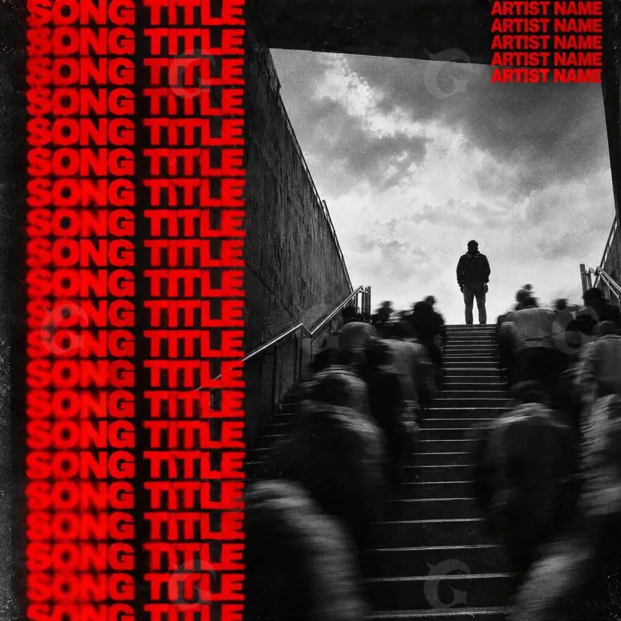 Portada para canción «Red Man»: hombre y escalera; color rojo
