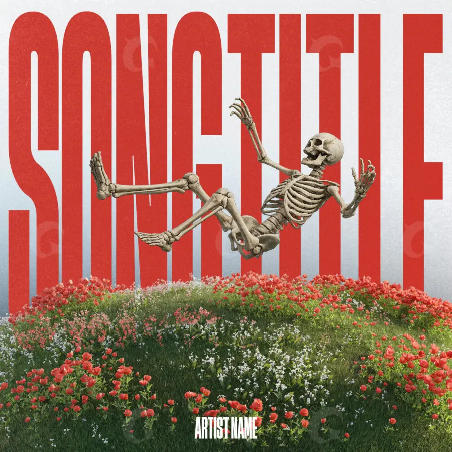Arte de portada musical «Red Skeleton»: esqueleto y flor; color rojo