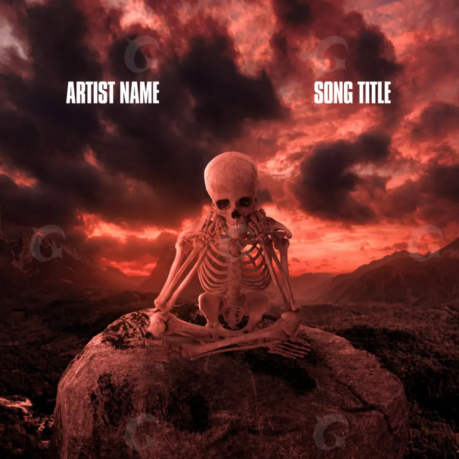 Music cover artwork “Red Skeleton”: skeleton and cloud, red tones