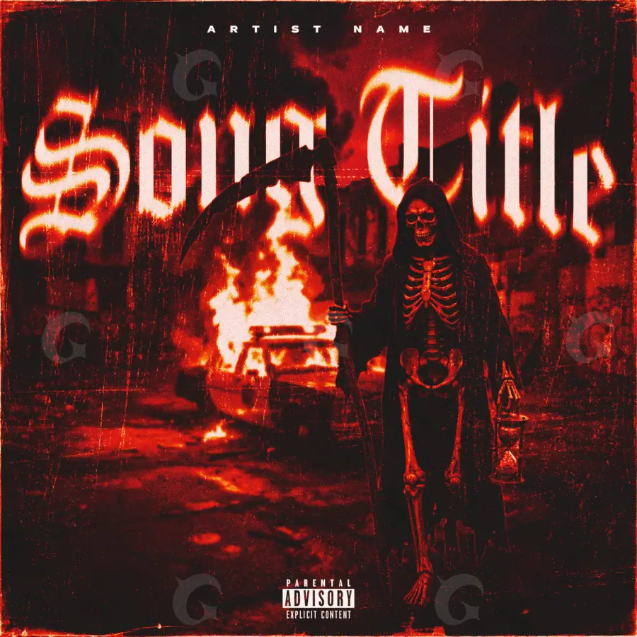Album cover art “Red Skeleton”: skeleton and fire, red tones