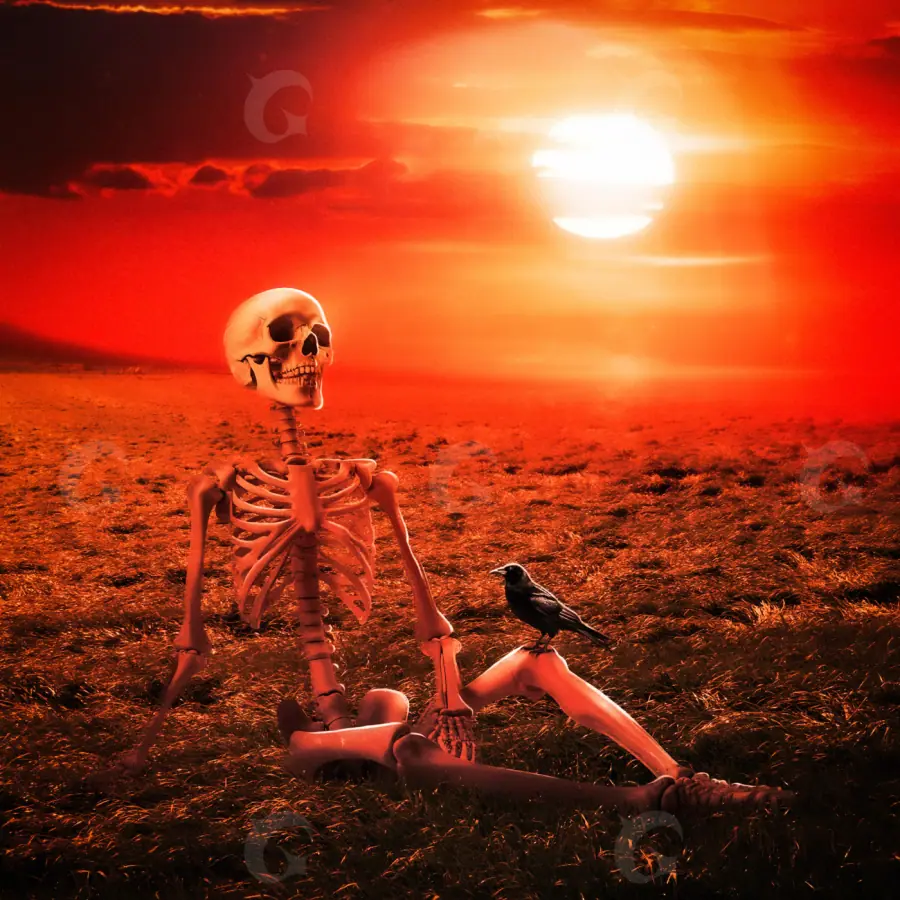 Premade cover art “Red Skeleton”: skeleton and bird, red tones