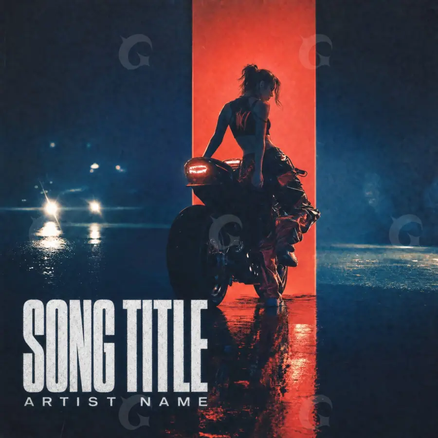 Premade cover art “Red Woman”: woman and motorbike, red tones