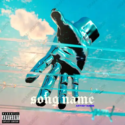 Premade album cover “Metal Hand” — metallic texture and liquid shine in a blue palette