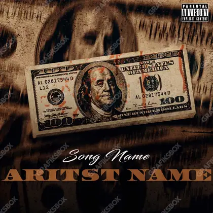 Premade album cover “Blood Money” — the props of wealth: gold, cash, shine in a red palette