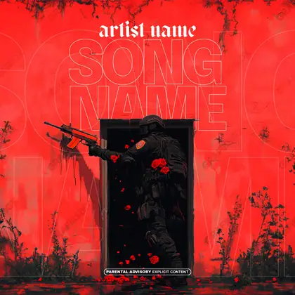 Portada de álbum prediseñada «Assailant» — una idea visual original sin equivalente cercano en el catálogo, en una gama roja