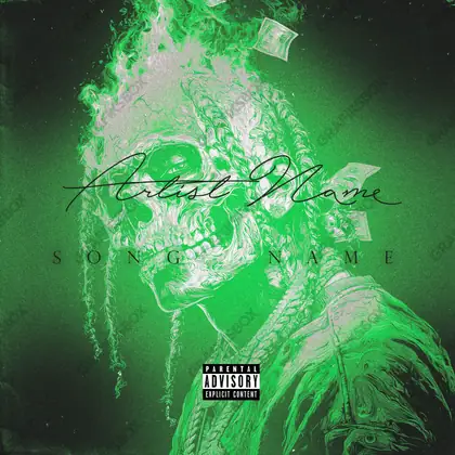 Premade album cover “Burn Green” — fire and smoke in frame in a green palette