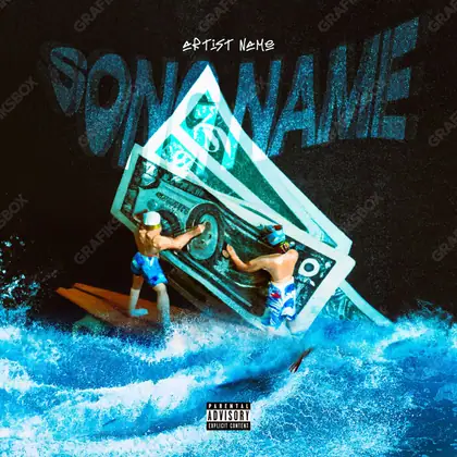 Premade album cover “Cash Surf” — expensive texture — metal, stones, gloss in a blue palette