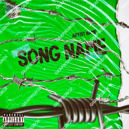 Premade album cover “Barbed wire Itag” — analogue texture — noise, scanlines, old displays in a green palette