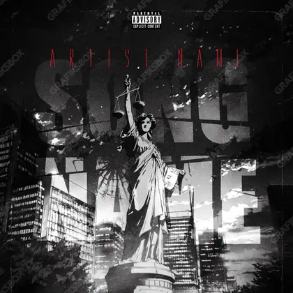 Premade album cover “Justice City” — a street scene with windows and late evening light in a monochrome palette